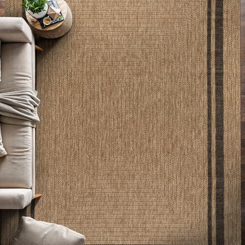 Bordered Natural Black 5x7 Indoor Outdoor Rug - Washable Durable Area Carpet