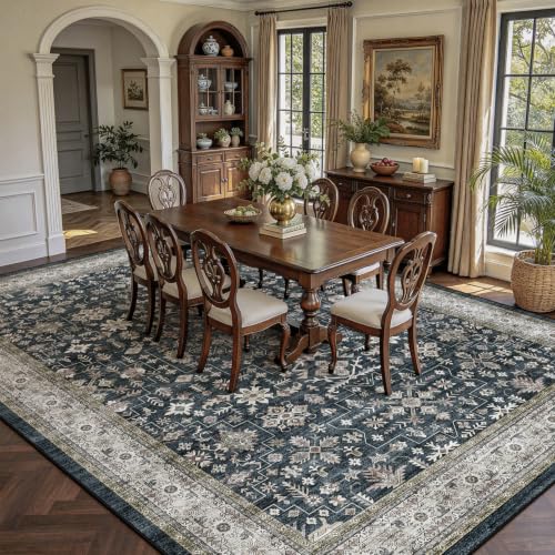 Babovid 8x10 Ash/Beige Washable Area Rug - Non-Slip Vintage Medallion, Low-Pile