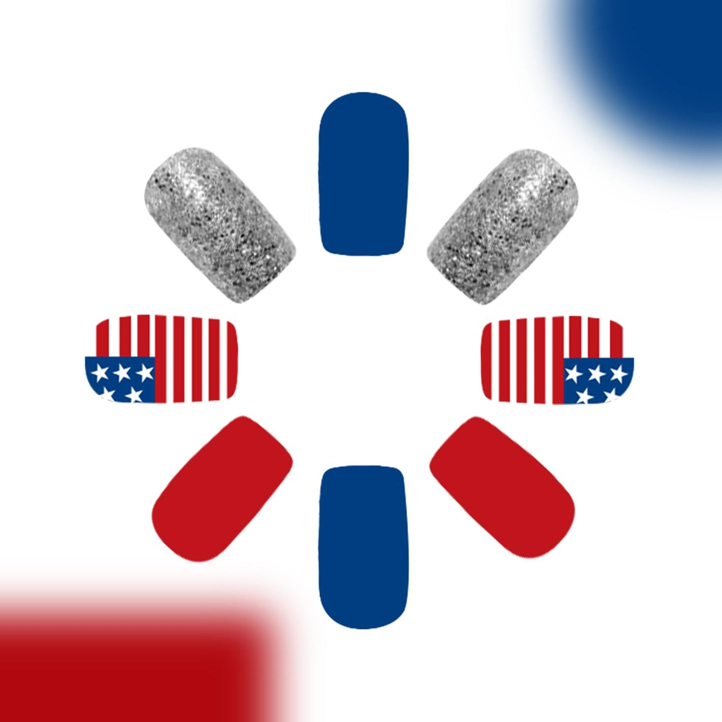 24pcs 4th of July Press on Nails Short Square American Flag Fake Nails with Designs Red Blue False Nails Silver Glitter Glue on Nails Independence Day Patriotic Full Cover Stick on Nails for Women