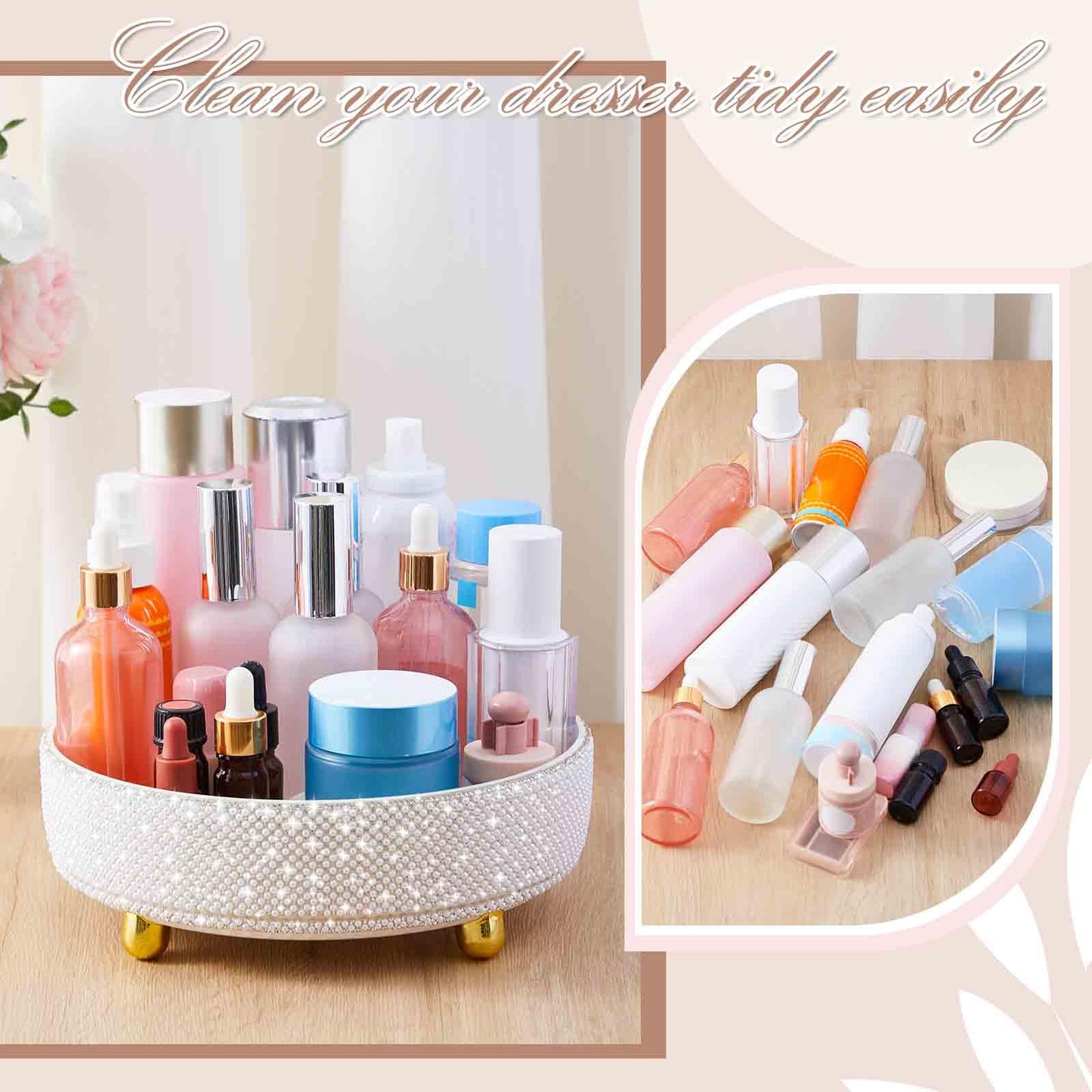 Honeydak Bling Perfume Makeup Organizer Rhinestone Bathroom Organizers and Storage 360 Rotating Makeup Organizer for Countertop Women Girls Essentials(White,Pearl)