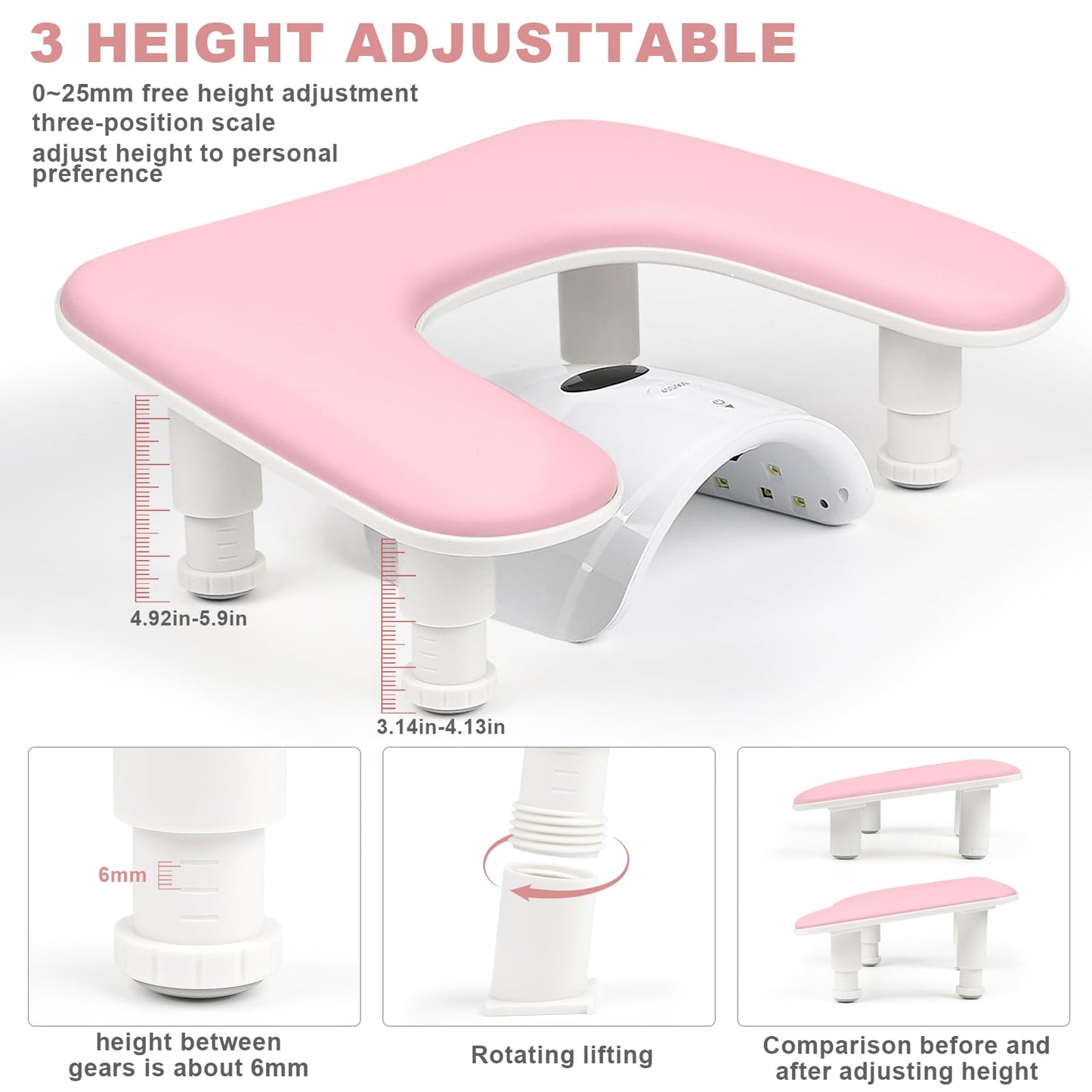 Arm Rest for Nails Tech,Height-Adjustable U Shaped Manicure Nail Arm Rest,Big Microfiber PU Leather Hand Rest for Nails Tech, Professional Salon Manicure Arm Rest Cushion (pink)