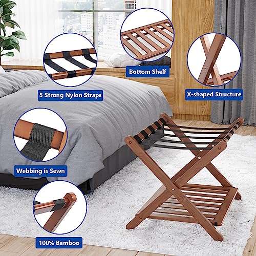Walnut Fully Assembled Luggage Rack with 5 Nylon Straps – Foldable Suitcase Stand for Guest Room