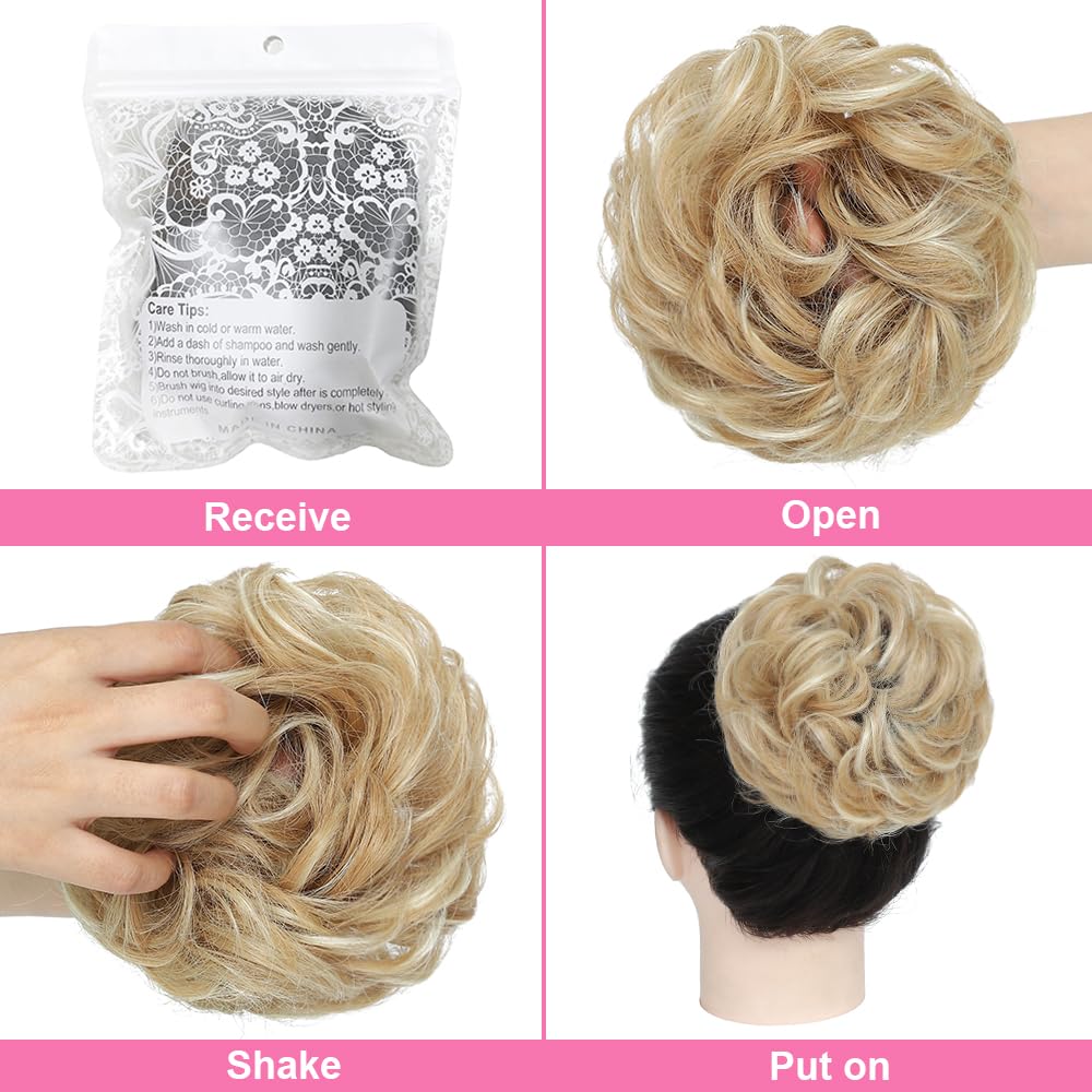 YOLANFAIRY 2PCS Messy Bun Hair Piece Wavy Curly Tousled Updo Hair Buns Synthetic Chignon Elastic Hair Band Fake Bun Hair Pieces for Women (Lighe Golden Brown Mix Bleach Blonde, 2PCS Same)