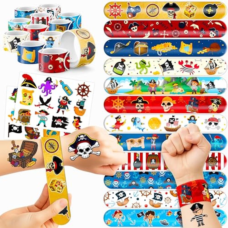 48PCS Pirate Party Set - 24PCS Temporary Tattoos & 24PCS Slap Bracelets - Treasure Hunt-Themed Birthday Supplies, Baby Shower Gifts, Classroom Rewards & Party Decor for Kids (Boys & Girls)