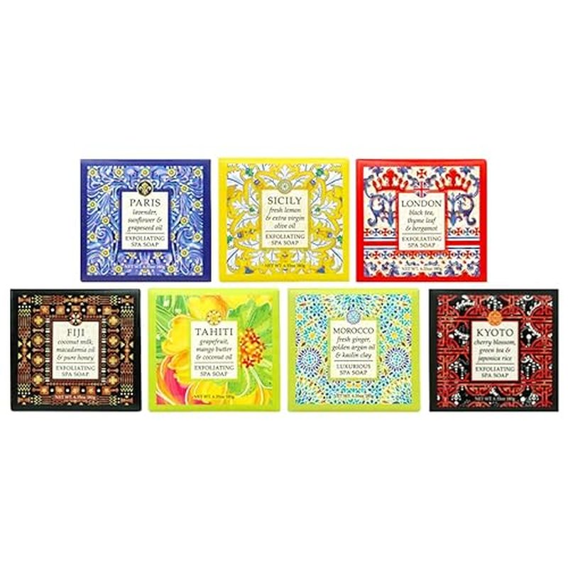Greenwich Bay Destination Exfoliating Spa Soaps 7 Piece Set of 6.35 Ounce Bars - Travel to London, Kyoto, Tahiti, Paris, Fiji, Morocco, and Sicily without leaving your home!