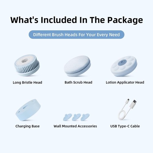 Oh,XIYU. Electric Body Brush Back Scrubber for Shower, Waterproof Long Dual Handle Power Body Scrubber with 3 Heads, Rechargeable Bath Brush & 2 Speeds, for Cleansing, Exfoliating and Massaging Skin