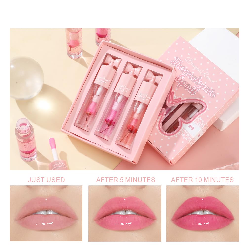 3Pcs Color Changing Lip Oil Set with Flowers & Gold Foil – pH Thermochromic Mood Lip Gloss, Hydrating Magic Lipstick, Long Lasting Moisture Tint Balm, Clear to Pink Color Shift Lipgloss for Women