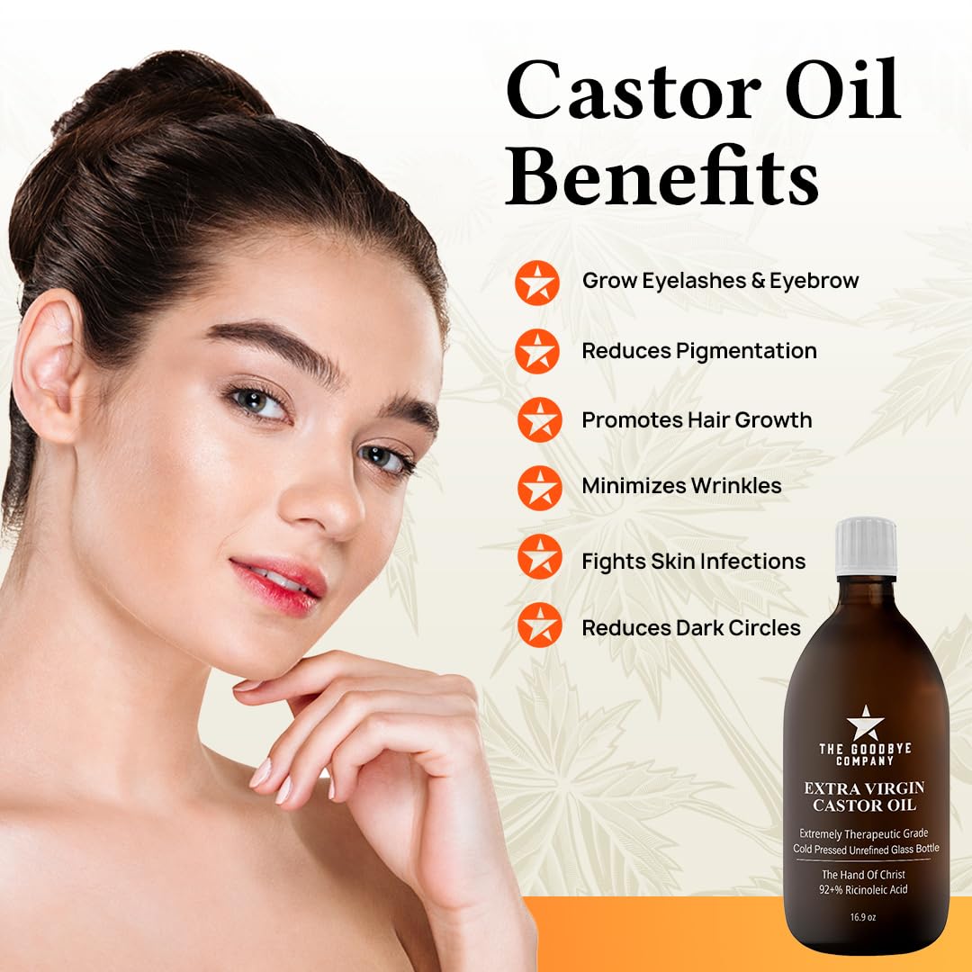 Castor Oil USDA Certified Organic Glass Bottle Pure Cold-Pressed (500 ml) 100% Natural Virgin Castor Oil Unrefined Moisturise Skin Hair Growth Eyelashes, Hexane & BPA Free 16.90 Ounces