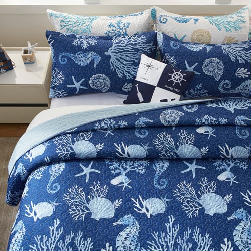 LEAONME Coastal California King Quilt Set Navy Reversible Microfiber Bedspread