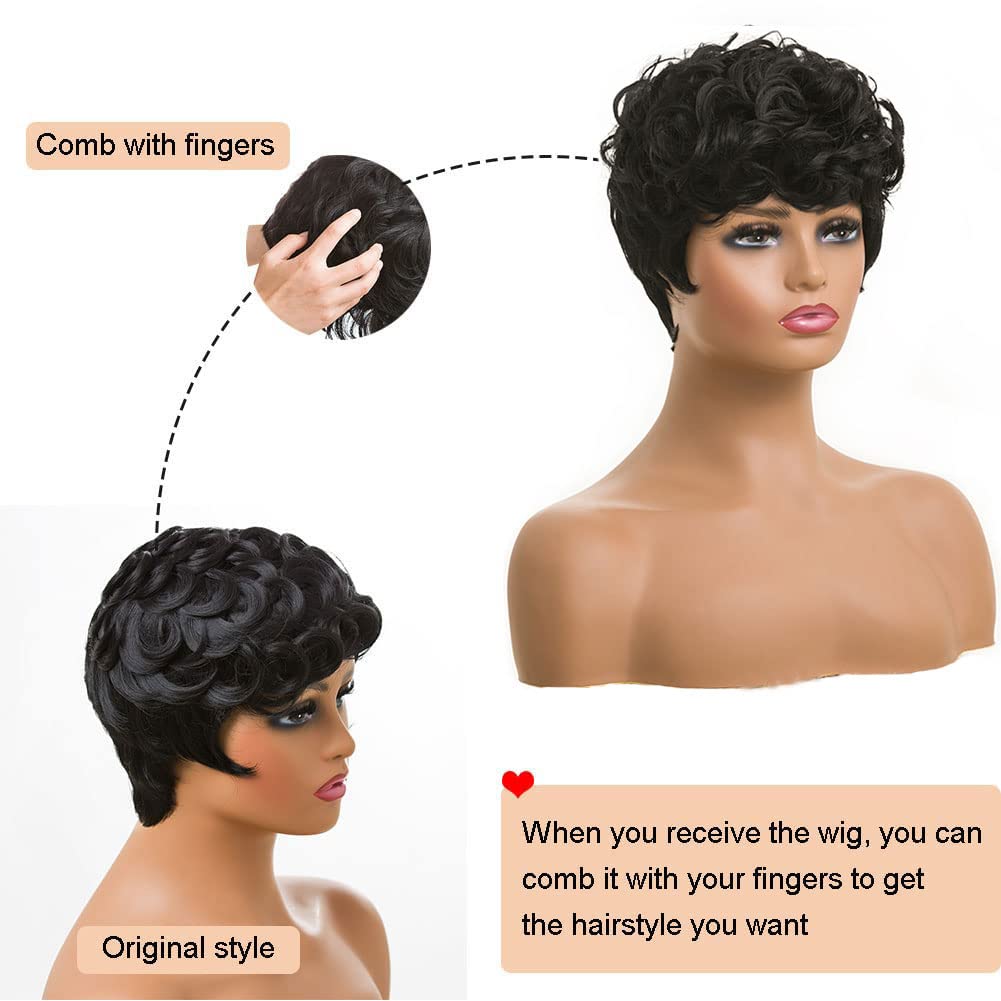 MOONSHOW Short Pixie Wigs for Black Women Short Black Curly Pixie Wig Synthetic Short Hair Wigs for Black Women Natural Wavy Black Pixie Cut Wig (Natural Black)