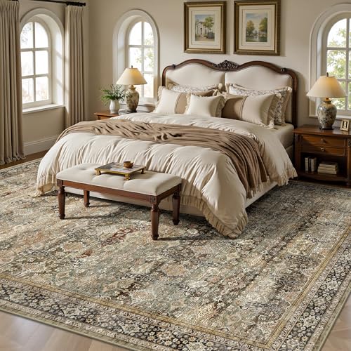 8x10 Charcoal & Olive Washable Area Rug - Vintage Retro Boho Large Carpet, Non Slip, Low Pile for Living Room & Bedroom - Variation of B-Charcoal / Olive