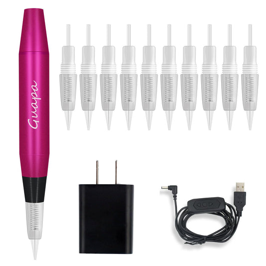 Portable Tattoo Machine Pen Eyebrow Lip Permanent Makeup Pen with 1R 3R Cartridge Needles for Ombre Brows Body Tattoo (Red Machine Kit)