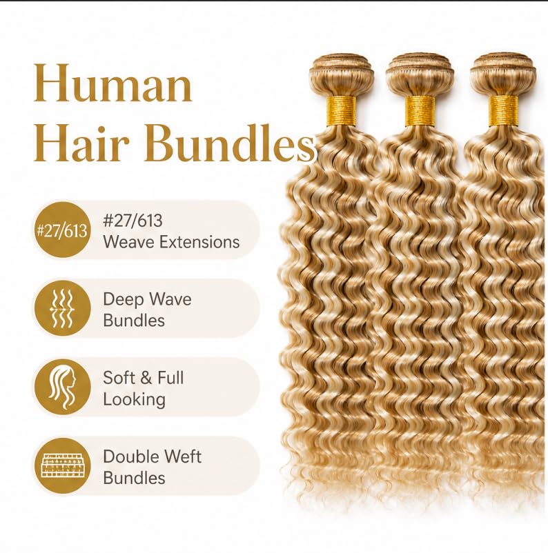 P27/613 Blonde Deep Wave Hair Bundles - Human Hair 12 14 16 Inch Variation #P27/613 - Blonde -D