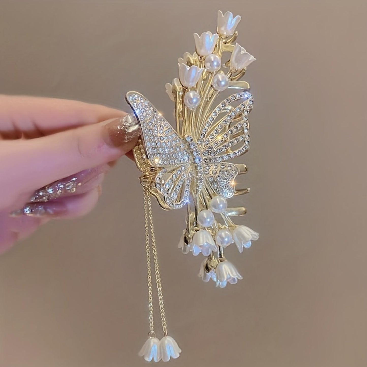 Large Butterfly Hair Claw Clips, Gold Flower Lily of the Valley Violet Hair Claw Clips with Tassel Metal Nonslip Clamps Styling Accessories for Thick Long Hair Women