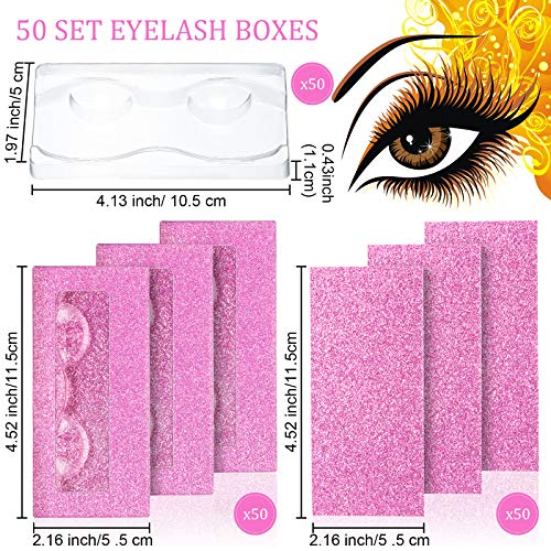 Maitys 50 Sets Empty Eyelash Case Set, Include 50 Empty Eyelash Box Lash Box Packaging Eyelash Storage Box, 50 Eyelash Box Tray False Eyelash Storage Box Tray, 50 Internal Background Paper (Pink)