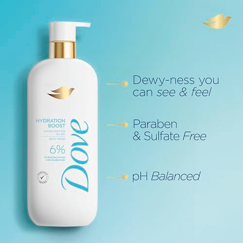 Dove Body Wash Hydration Boost Actively drenches dry skin 6% hydration serum with hyaluronic 18.5 oz & Exfoliating Body Wash Glow Recharge Energizes & illuminates skin 3% brightening serum