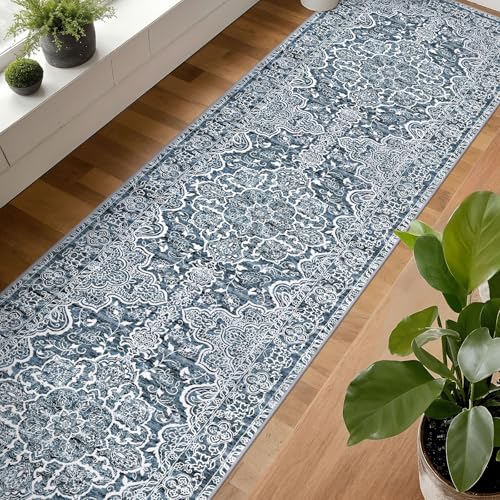 Blue Floral Washable Runner Rug 2.6x16 Feet Non-Slip Hallway Carpet