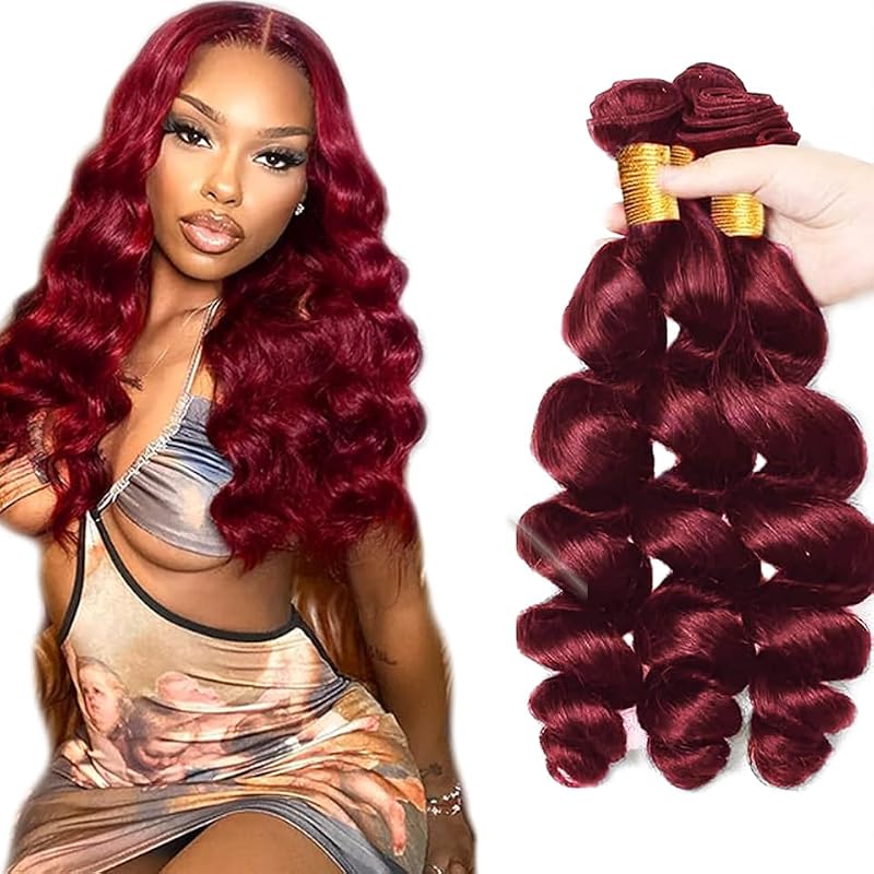 Wine Red Loose Wave Hair Extensions - 99J Burgundy Human Hair Bundles 24-28 Inch, 3 Bundles