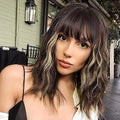 Brown Mixed Blonde Short Wavy Bob Wig with Bangs for Women - 14 Inch, Heat-Resistant Synthetic Hair