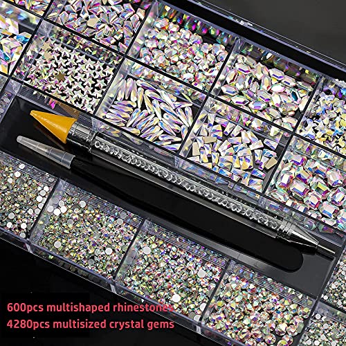 4880Pcs Rhinestones for Nail, AB Champagne Crystal Nail Rhinestones Set, Nail Round Beads Flatback Glass Gems Stones, Multi Shapes Nail Rhinestones for Nail DIY Crafts Clothes Shoes Jewelry