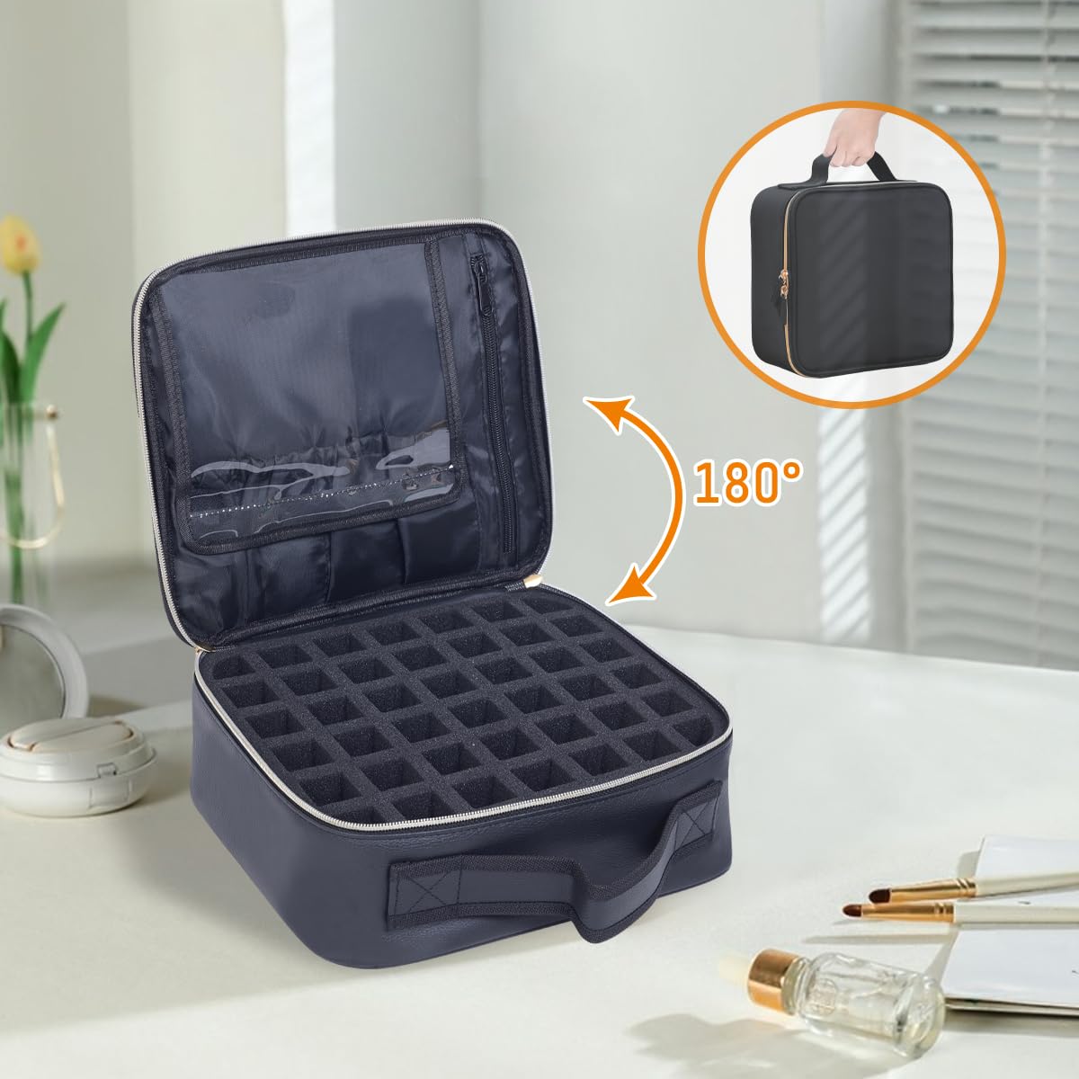 YAHOURWAT Nail Polish Organizer Case - PU Leather Portable Cosmetic Bag Hold 42 Bottles (15 ml/0.51 floz) with Removable Partition (Black)