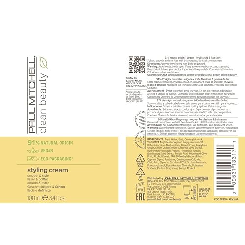 Paul Mitchell Clean Beauty Styling Cream, Smooth & Style, For All Hair Types, 3.4 fl. oz.