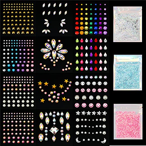 12 Sheets Face Jewels Rhinestones Crystal Stickers, 15g Chunky and Fine Mix Glitter, Eye Face Body Rave Outfits Clothes for Women, Mermaid Makeup Gems Rave Festival Accessories