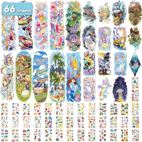 EMOME Full Half Tattoo Sleeves for Kids, 66 Sheets Tattoos Temporary for Girls Boys, Space Donut Mermaid Themed Fake Tattoos Stickers for Kids Party Favors Supplies