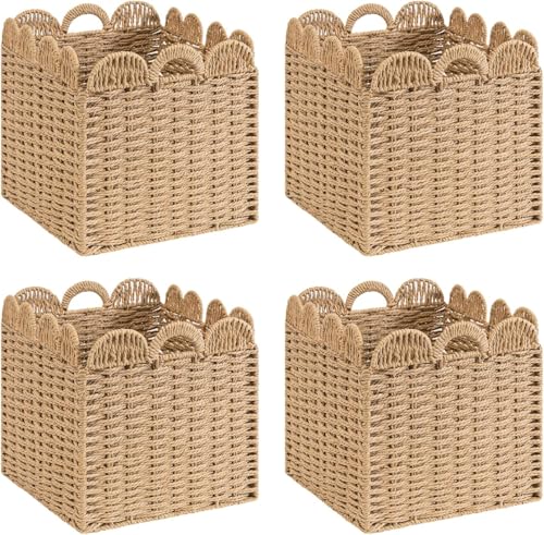 Set of 4 Scalloped Wicker Storage Cubes - 12x12x12 Inches, Khaki