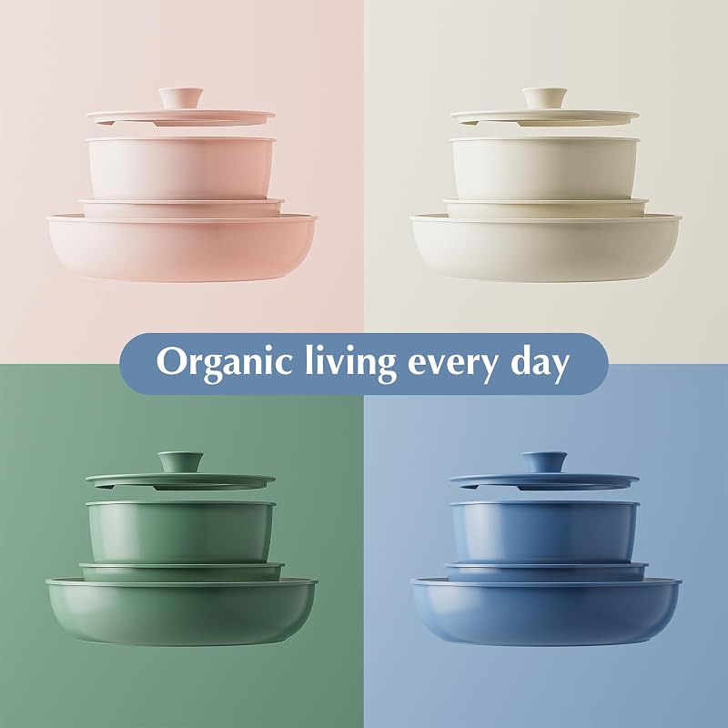 Redchef Ceramic Nonstick Pots & Pans Set with Detachable Handles - 5 Pcs, Beige/White