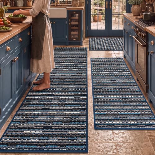 BSICPRO Large Navy Blue Kitchen Rug Set of 3, Farmhouse Style - 24x70, 20x47, 24x35