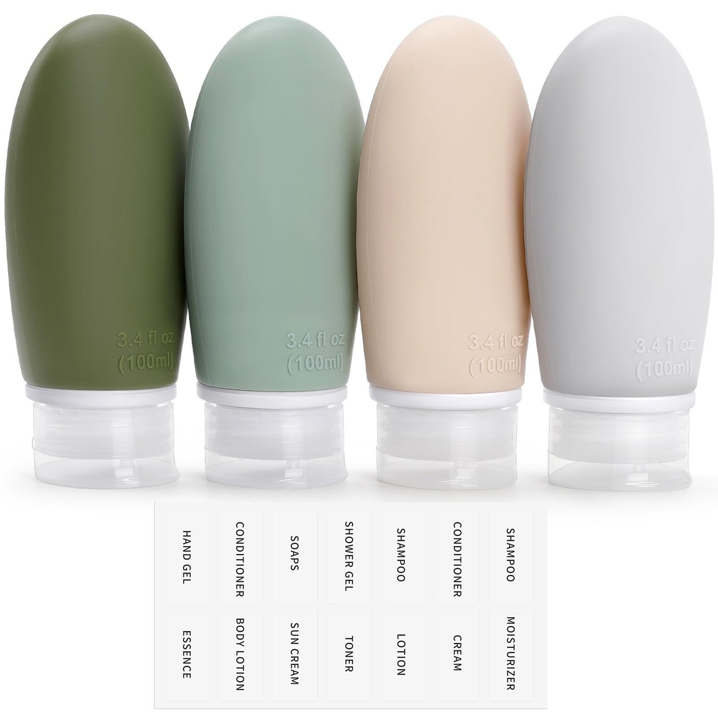 3.4 oz Silicone Travel Bottles for Toiletries, 4 Pack TSA Approved BPA Free Containers Set Leak Proof Refillable Squeezable Travel Accessories for Shampoo Conditioner Lotion Gray white blue green