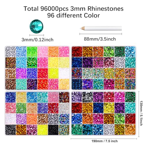 96,000 Pcs Multicolor Jelly Resin Rhinestones for Crafts & Bedazzling, 3mm Flatback Gems Kit