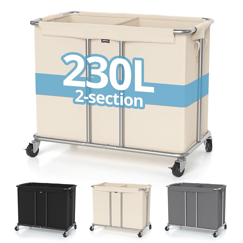 2-Section Rolling Laundry Hamper with Wheels, Beige 31.5" x 15.75" x 30.7"