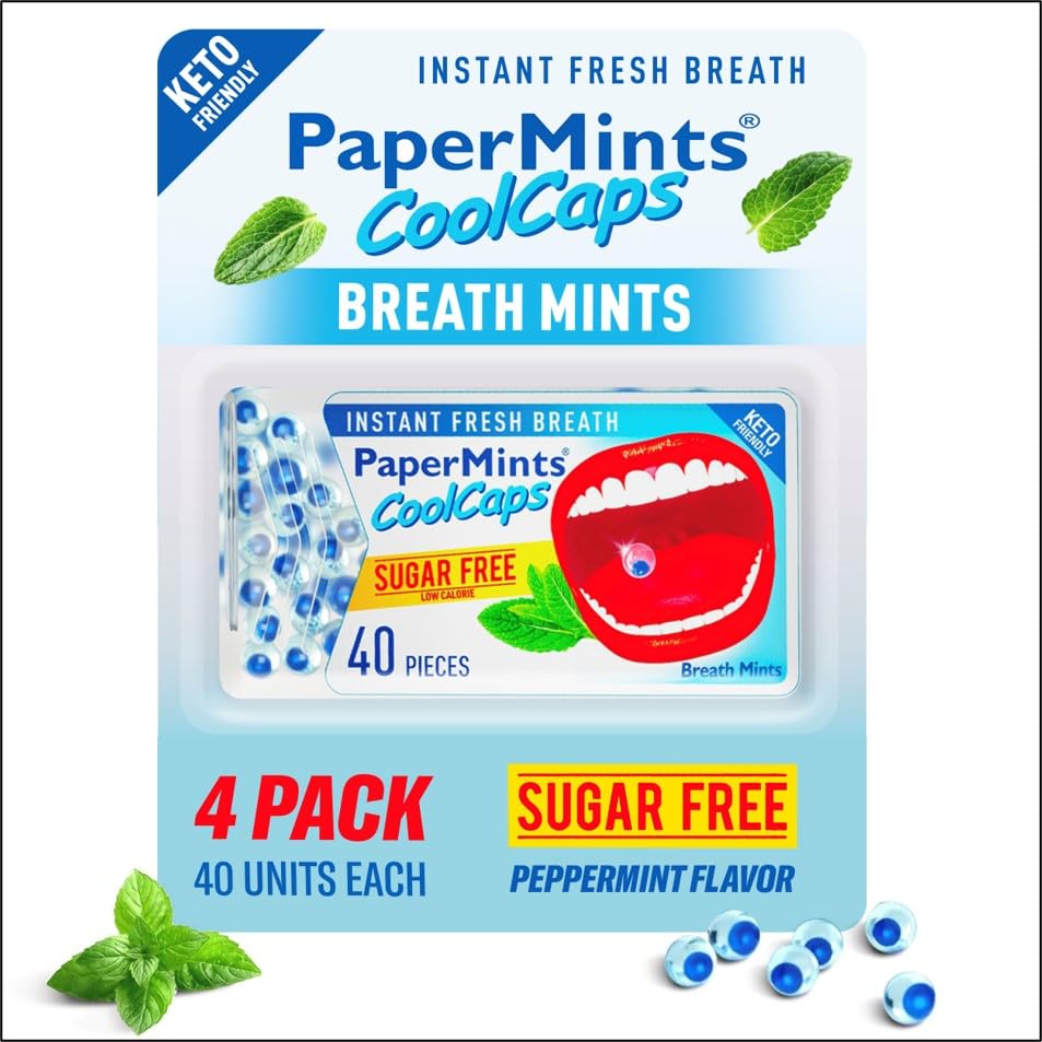 PaperMints CoolCaps - Sugar-Free Instant Fresh Breath Mints, 4 Pack (160 Capsules) for Halitosis & Dry Mouth Relief