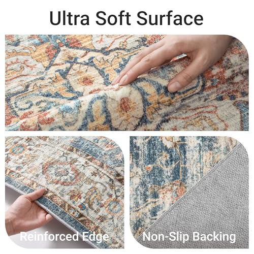Navy 8x10 Area Rug - Washable Non-Slip Vintage Living Room Carpet