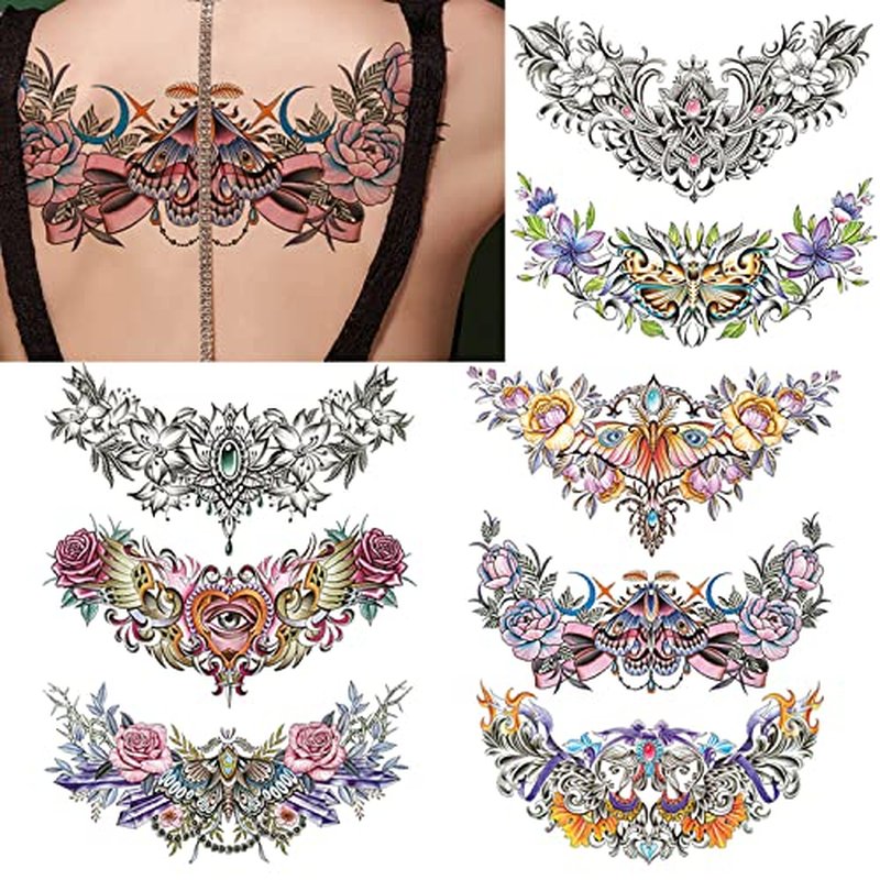 Floral Temporary Tattoo for Women, 8-Pack 7.5inx12.5in Large Realistic Flower Tattoos Stickers, Long-lasting Horizontal Fake Tattoos, Makeup for Girls Chest Back Underboob Waist Body