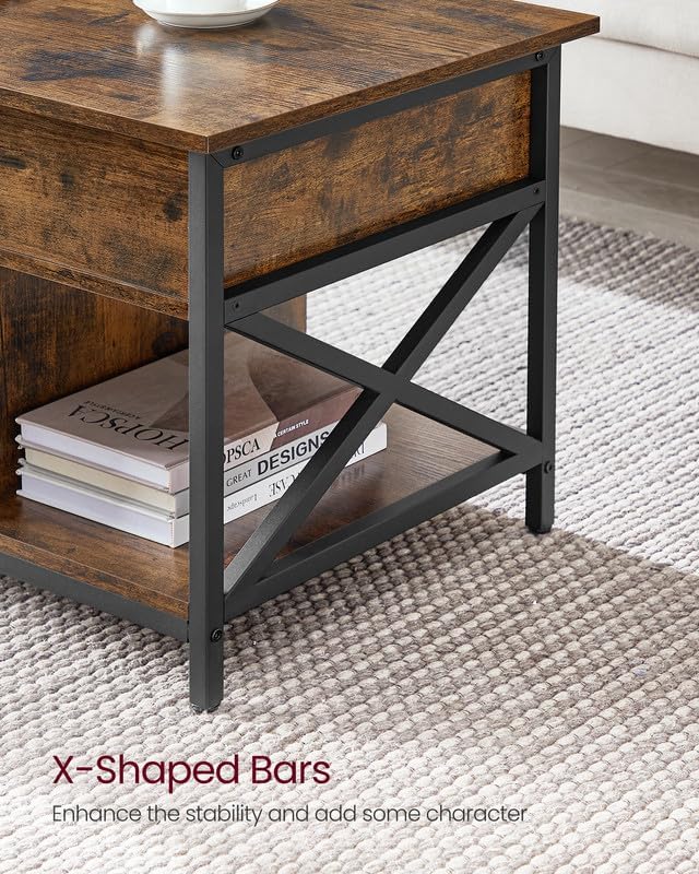 Lift-Top Coffee Table with Storage - Rustic Brown + Black, 39.4"W x 19.7"D, 3 Compartments