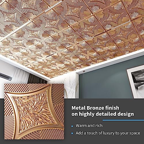 Waterproof 3D Drop Ceiling Tiles - Bronze, 24x24 in, Pack of 12 - Modern Ceiling Decor