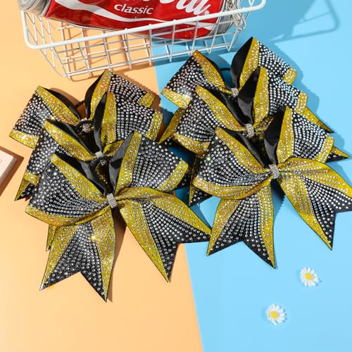 6 Pack Large Glitter Gold and Black Cheer Bows - Rhinestone Hair Accessories for Cheerleaders, Sports Teams, Girls, 8 Inch