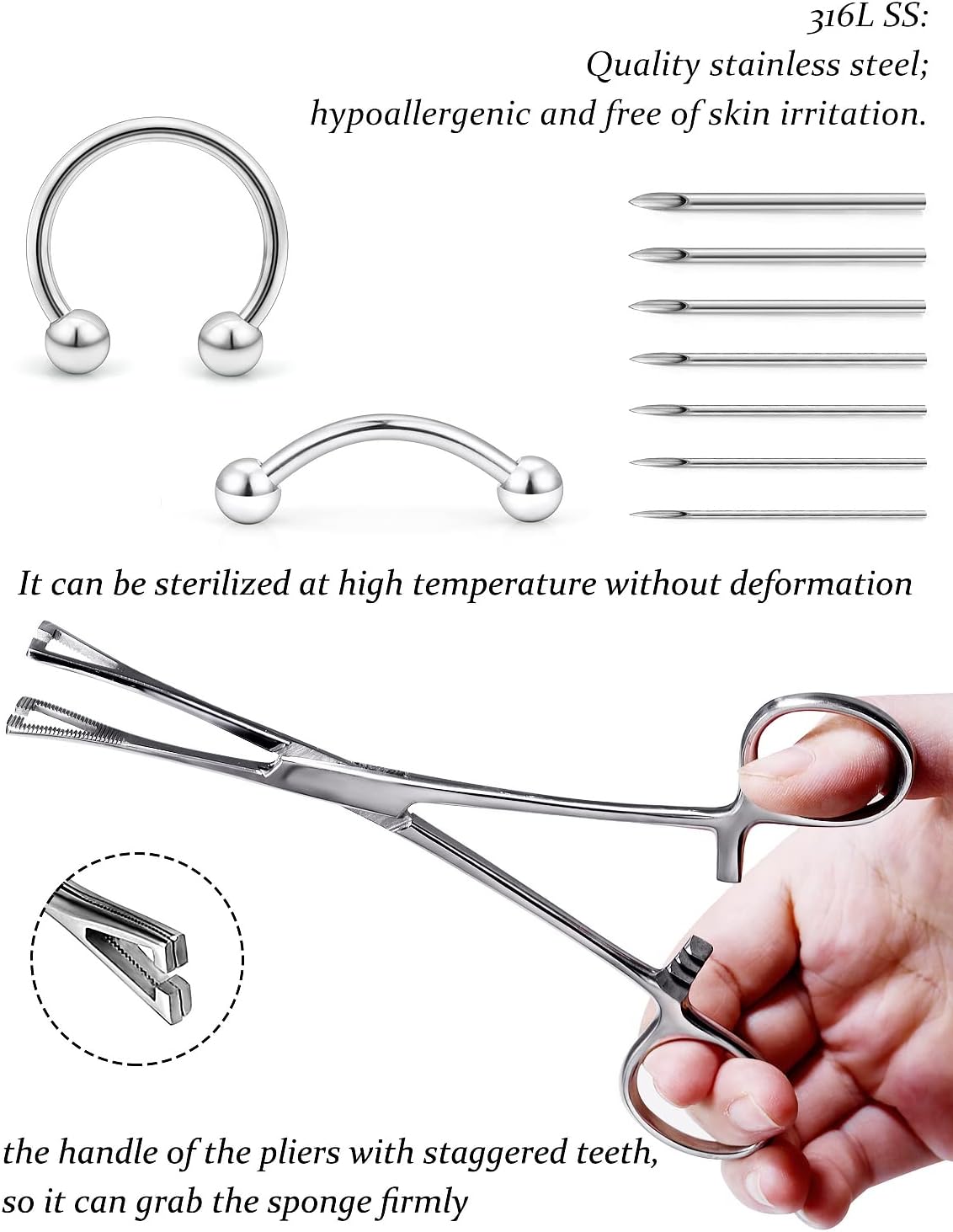 316L Surgical Steel Body Piercing Tools Kit - 9 Styles for Nose, Septum, Lip, Tongue & More