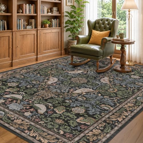 Dark Green 5x7 Vintage Floral Area Rug with Bird Motifs, Non-Slip, Low Pile