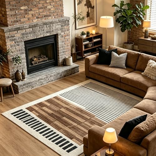 YIHOUSE Beige Brown 8x10 Modern Abstract Washable Area Rug for Living Room