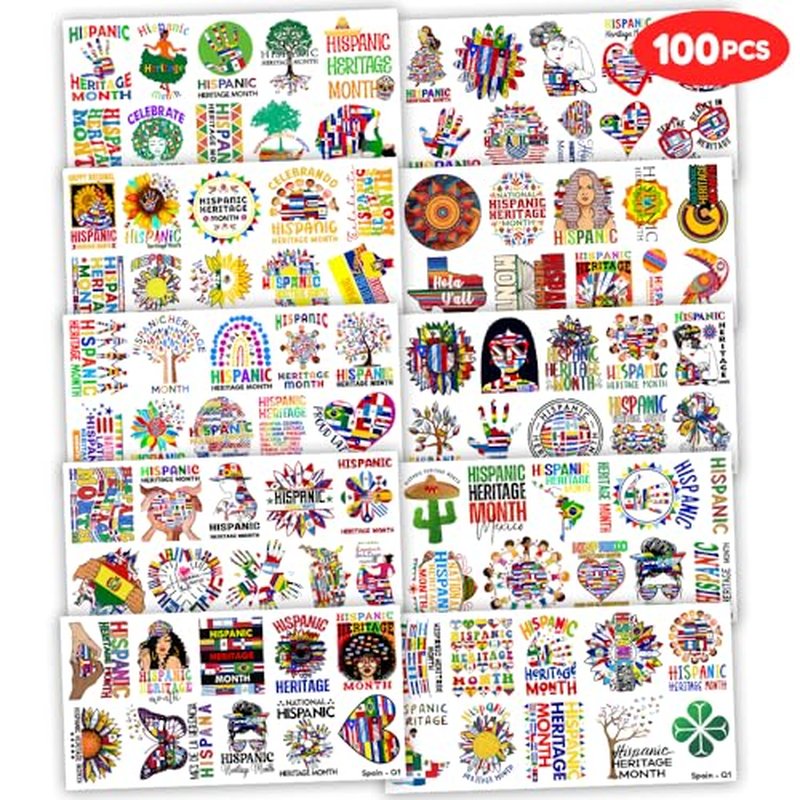 100 PCS Hispanic Heritage Month Temporary Tattoos Themed Spanish Birthday Party Decorations Supplies Favors Decor Culture Latin American Stickers Cute Gifts for Game Boys Girls School Rewards Carnival