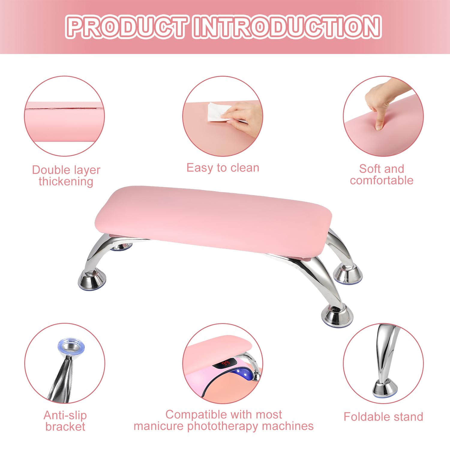 Pink Microfiber Leather Nail Arm Rest Cushion - Soft Hand Rest for Manicure & Pedicure