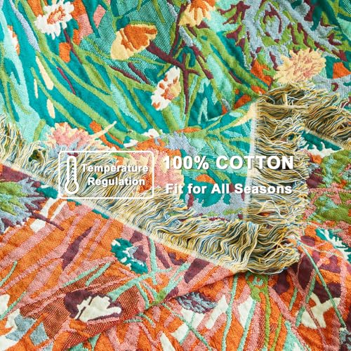 LUTBM King Size Reversible Cotton Blanket with Floral Embroidery - 108x90 Inches