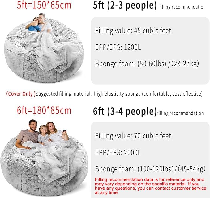 6ft Grey Bean Bag Chair Cover - Round Lazy Sofa Bed Cover for Adults