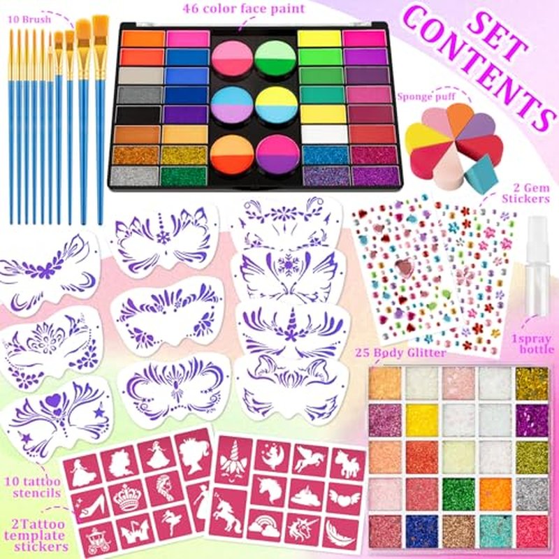 69 Colors Face Painting Kit for Kids - Non-toxic water-activated paint palette with glitter makeup palette, stencils, brushes, Gems, puff. for Kids Party Cosplay Halloween Christmas Carnival.