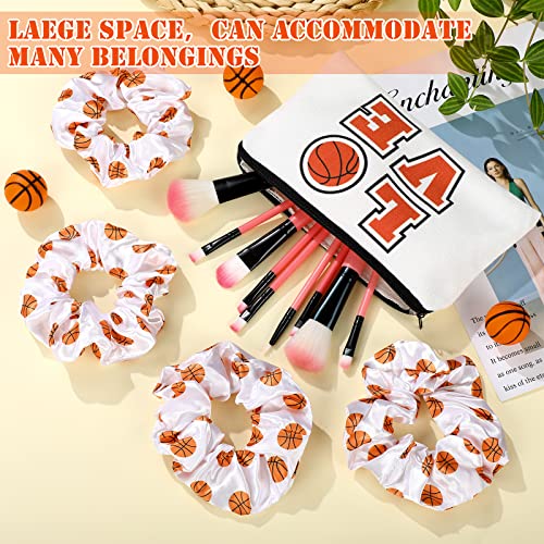 Basketball Theme Cosmetic Bags & Satin Hair Scrunchies Set - White, Classic Style