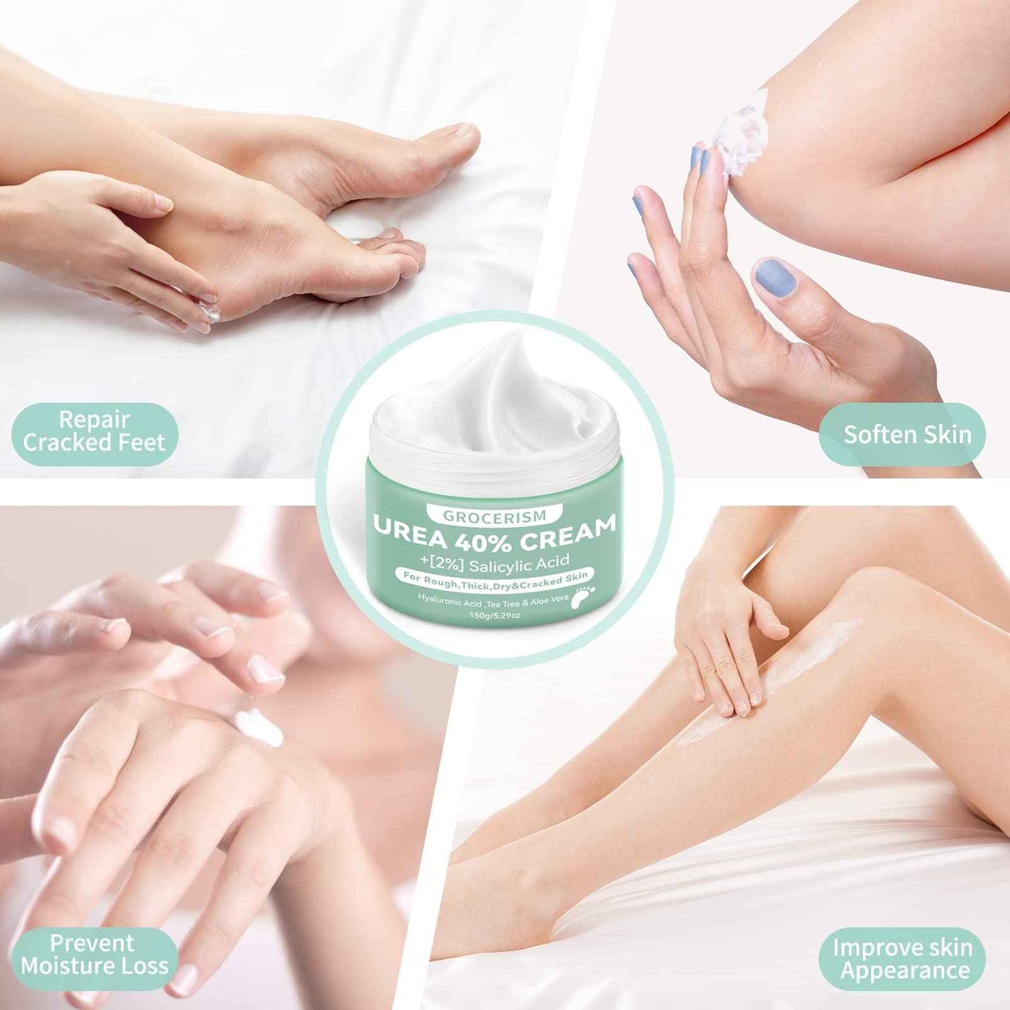 Grocerism 2 Packs Urea Cream 40% Plus 2% Salicylic Acid 5.30 oz || Foot Cream Maximum Strength with Hyaluronic Acid, Tea Tree, and Aloe Vera for Deep Moisturizes, Callus Remover and Soften